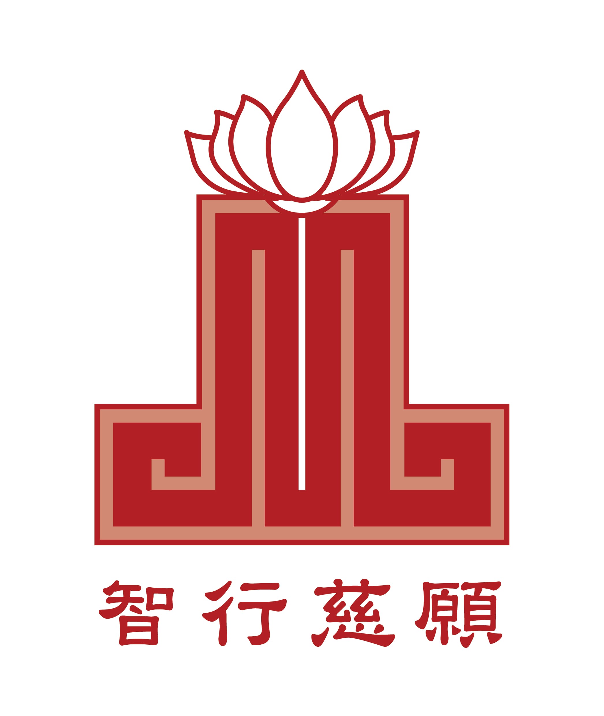 Red emblem with lotus flower on top, geometric temple-like design, and four Chinese characters below.